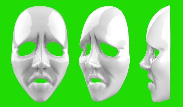 Изолированный 3D рендеринг иллюстрации белого цвета печальная театральная маска на зеленом экране backgorund. - Фото, изображение