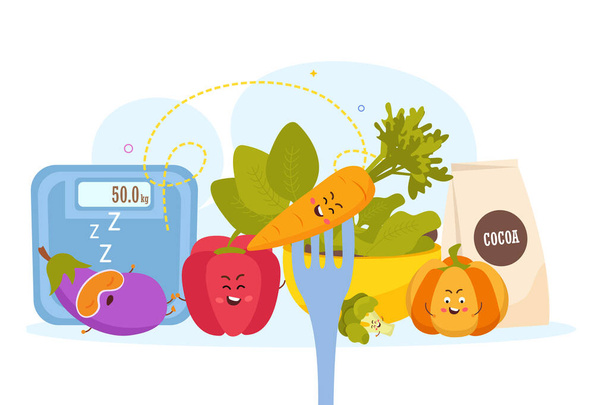 Dieta vegana composizione piatta con cartone animato verdure scale bustina di cacao in polvere icone vettoriale illustrazione - Vettoriali, immagini