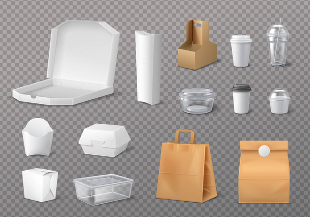 Pacote de comida rápida conjunto realista com imagens isoladas de copos de sacos de papel artesanal em ilustração vetorial de fundo transparente - Vetor, Imagem
