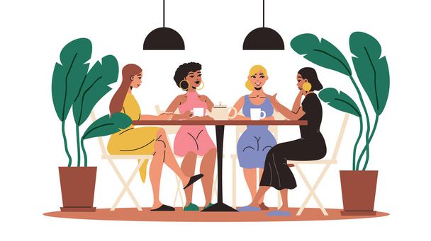 Gespräch bei einer Tasse Tee mit einer Gruppe von vier jungen Freundinnen, die sich im Café Vektor treffen - Vektor, Bild