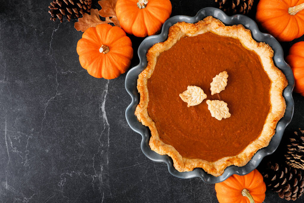 Homemade fall pumpkin pie. Overhead view table scene on a dark background with copy space. - Fotoğraf, Görsel