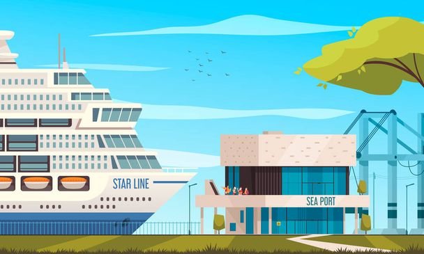 Cruiseschip cartoon met reisvaartuig aankomen op zee haven vector illustratie - Vector, afbeelding