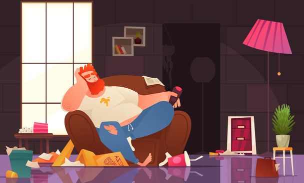 Dibujos animados de persona perezosa con el hombre con control remoto de televisión en la ilustración del vector sucio casa desordenada - Vector, Imagen