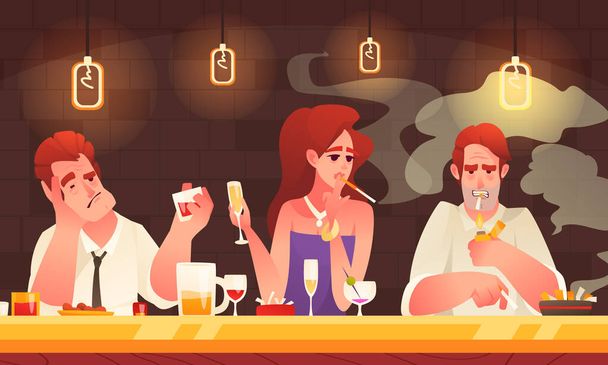 Riippuvaiset ihmiset sarjakuva käsite miesten ja naisten juominen ja tupakointi baarissa vektori kuva - Vektori, kuva