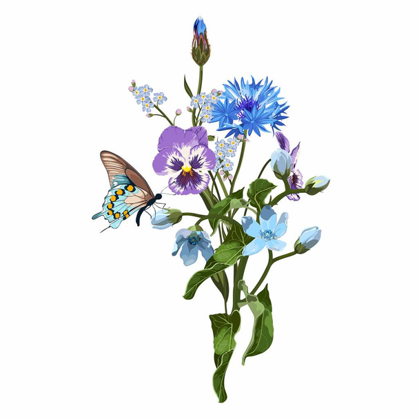 Illustrazione disegnata a mano di un bellissimo ossipetalio e giardino, bouquet di fiori blu primaverili selvatici. Elemento per invito di nozze, San Valentino o altri. - Vettoriali, immagini