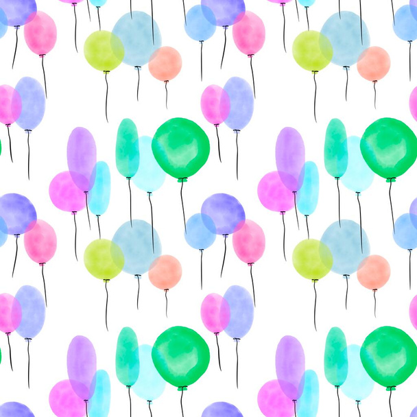 Akwarela balony świąteczne bezszwowy wzór kreskówek urodzinowych do pakowania papieru i akcesoriów wakacyjnych i tkanin i bielizny i opakowań i zeszytów walentynkowych. Wysokiej jakości ilustracja - Zdjęcie, obraz