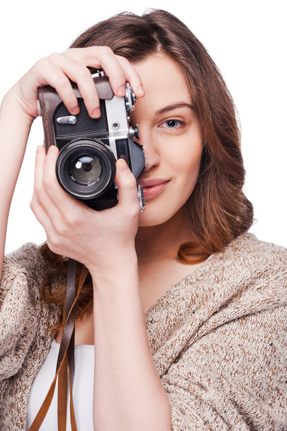 Woman photographing you with old-fashioned camera - Photo, Image