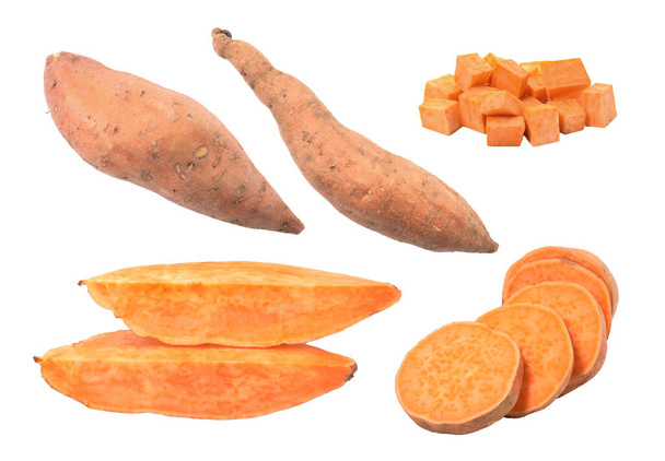 Set with whole and cut ripe sweet potatoes on white background - Photo, image