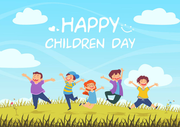 Διεθνής ημέρα των παιδιών, τα παιδιά άλμα στο θερινό λιβάδι, φόντο της φύσης, πολύχρωμη απεικόνιση Δωρεάν διάνυσμα - Διάνυσμα, εικόνα