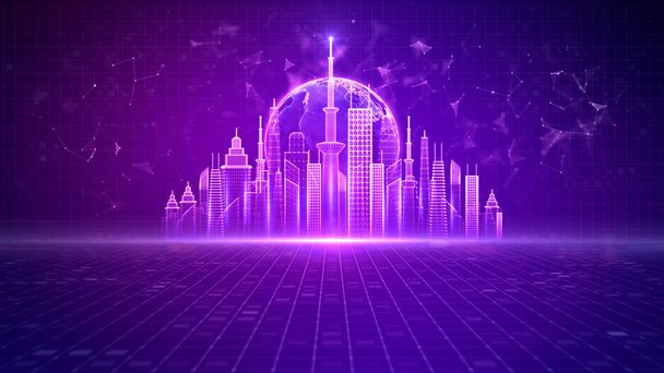 "Умный город пространства и метаверзы", "Цифровая сетевая связь", "Социальная сеть", "Фиолетовый абстрактный фон". 3D-рендеринг - Фото, изображение