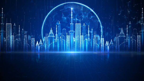 Inteligentne Miasto Cyberprzestrzeni i Metawersy, Technologia Cyfrowe połączenie sieciowe, Połączenie z siecią społecznościową, Koncepcja Blue Abstract. 3d Renderowanie - Zdjęcie, obraz