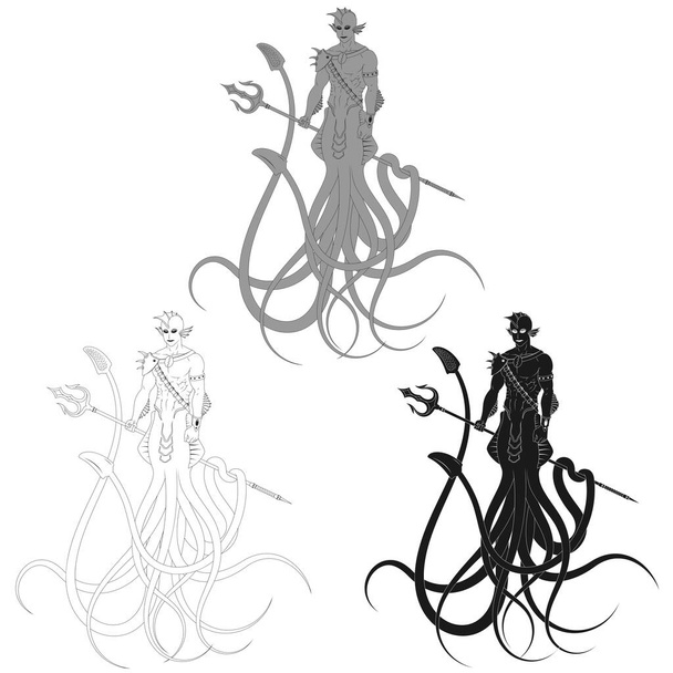 Mezzo uomo mezzo calamaro creatura vettoriale, creatura di fantasia con tridente, creatura marina con tentacoli - Vettoriali, immagini