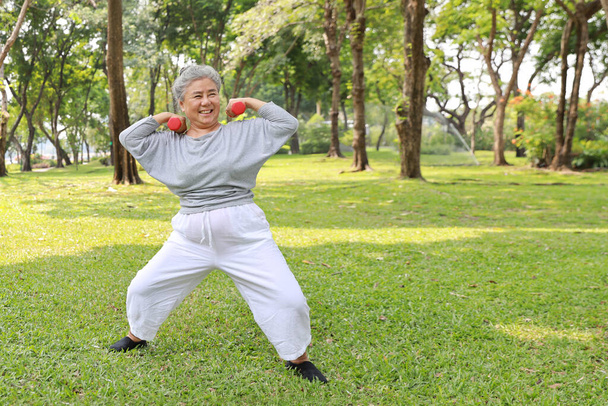 Mujer mayor asiática feliz y sonriente haciendo ejercicio de brazo y levantando pesas con relajación para saludable en el parque al aire libre después de la jubilación. Cuidado de la salud ancianos estilo de vida al aire libre concepto. - Foto, imagen