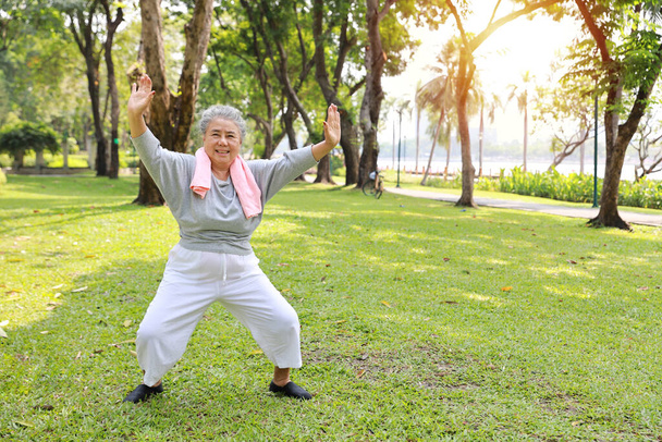 Aziatische senior vrouw oefenen yoga oefening, tai chi tranining, stretching en meditatie samen met ontspanning voor gezonde in het park buiten na pensionering. Gelukkig oudere outdoor lifestyle concept - Foto, afbeelding