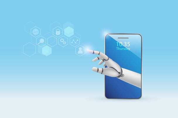 Ρομπότ χέρι από το smartphone αγγίζοντας εικονίδια σύνδεσης κοινωνικών δικτύων. Τεχνολογία καινοτομίας τεχνητής νοημοσύνης στην κοινωνική επικοινωνία, σε απευθείας σύνδεση ψηφιακή διεπαφή. - Διάνυσμα, εικόνα