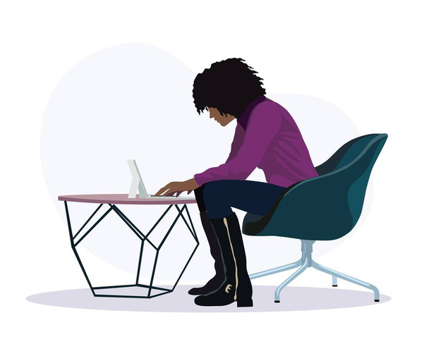 若いビジネスマンの女性が椅子に座ってノートパソコンで働いています。フリーランスの女の子は公共の場所のモダンなオフィス、同僚やラウンジゾーンで動作します。自己雇用の概念。漫画スタイルベクトルフラット現実的なイラスト. - ベクター画像