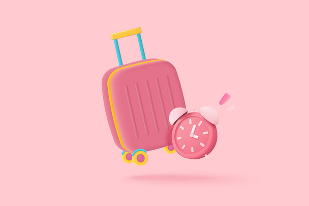 valigie rosa 3d, bagaglio a mano, bagaglio a mano e sveglia. Tempo di attesa business per viaggiare con il concetto di cartone animato, pianificazione delle vacanze, viaggi in vacanza. Illustrazione del rendering vettoriale della valigia minima 3d - Vettoriali, immagini