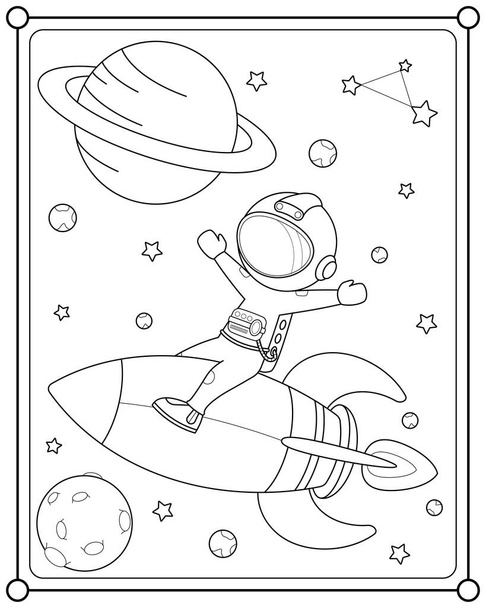 子供のぬり絵に適したスペースにロケットで飛ぶかわいい宇宙飛行士ページベクトルイラスト - ベクター画像