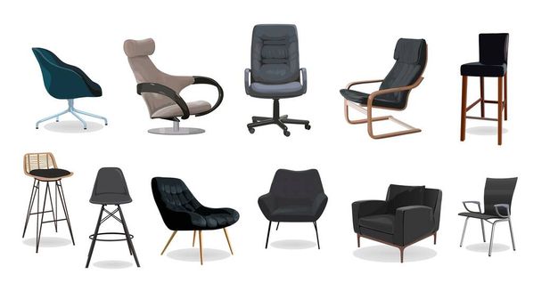 Set van verschillende Moderne comfortabele fauteuils. Trendy woonkamer, lounge, bar of kantoormeubilair realistische vector illustratie geïsoleerd op witte achtergrond. - Vector, afbeelding