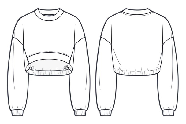 Unisex Cropped Sweatshirt fashion flat technical drawing template. Oversize Sweatshirt technical fashion Illustration, front and back view, white color, women, men, unisex CAD mockup. - Vector, Image