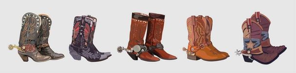 Set of Cowboy boots with spurs. Traditional western vintage embroidered leather boots . Wild west concept. Vector realistic illustration isolated on white background. - Vector, Image