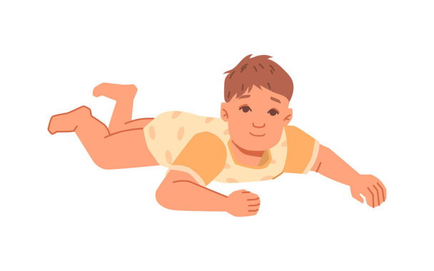 Een jongetje dat op de grond ligt te kruipen. Geïsoleerde kleine jongen of peuter in jumpsuit. Hij speelt of communiceert met de wereld. Vector in platte stijl, plat stripfiguur - Vector, afbeelding