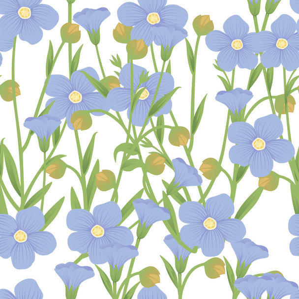 シームレスなパターン青い花と緑の茎のシリアル作物のベクトル図と亜麻の農業植物白の背景. - ベクター画像