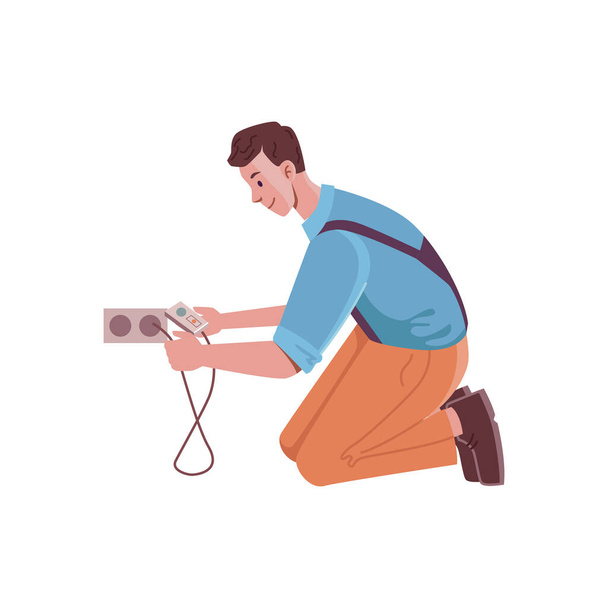 家庭、家事や修理でソケットを固定するハンディマン。制服を着た楽器で隔離された男性のキャラクターが改装を行います。平たい漫画風のベクトル - ベクター画像