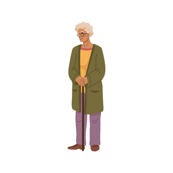 Mulher idosa, personagem sénior isolado com bengala. Avó com cabelos grisalhos em pé, cuidados em casa de repouso. Vetor em estilo de desenho animado plano - Vetor, Imagem