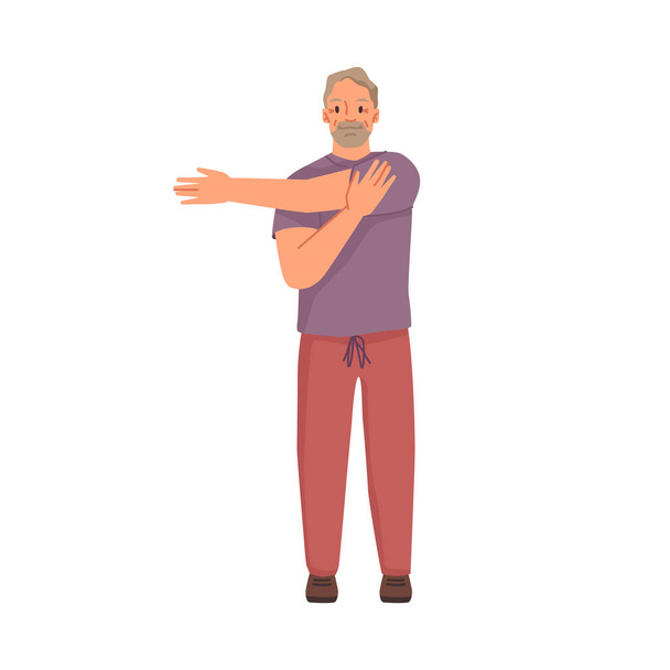 Idősebb férfi aktív marad, a testedzés alatt. Nagyapa kinyújtott karokkal és vállakkal, öreg plébános férfi karakter. Vektor lapos rajzfilm stílusban - Vektor, kép