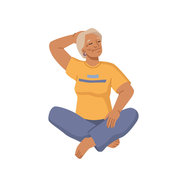 Personaje femenino senior haciendo ejercicios, abuela aislada estirando los brazos. Personaje femenino anciano sentado en postura de yoga. Vector en estilo plano de dibujos animados - Vector, imagen