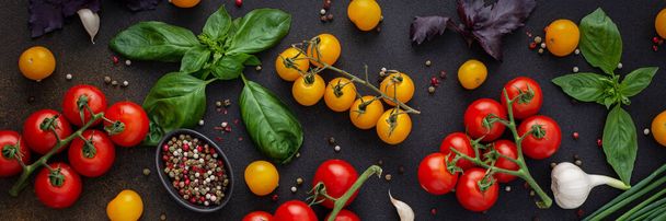 Food banner, fresh ripe red and yellow tomatoes, spices and basil leaves, garlic and green onions on a dark board, healthy food concept, top view - Foto, afbeelding