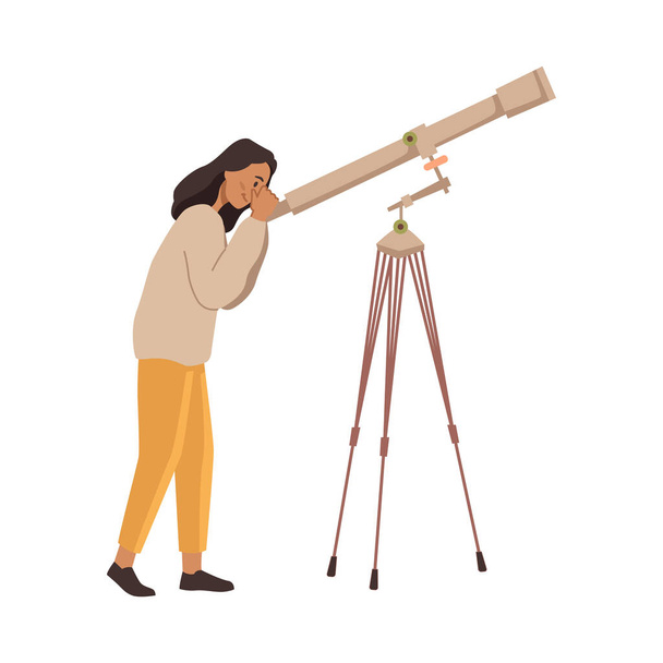 Observer et explorer le ciel étoilé et les corps célestes avec des télescopes. Caractère féminin isolé avec dispositif pour zoomer. Vecteur dans le style de dessin animé plat - Vecteur, image