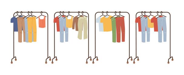 Hommes et femmes vêtements suspendus sur rack et cintres. Assortiment isolé de magasins. Chemises et pantalons, chemisiers et pantalons. Vecteur dans le style de dessin animé plat - Vecteur, image