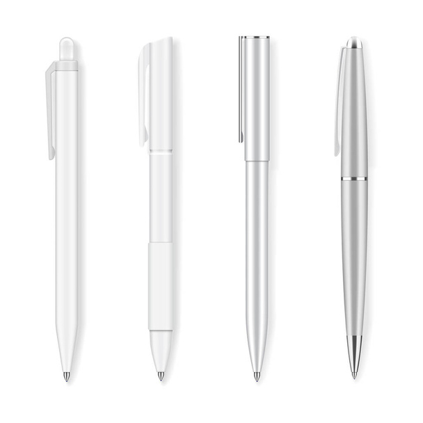 Set of four realistic writing pens. Grey and white, plastic and metallic ballpans. Detailed graphic design element. Office supply, school stationery. Isolated on white background. Vector illustration - Vettoriali, immagini