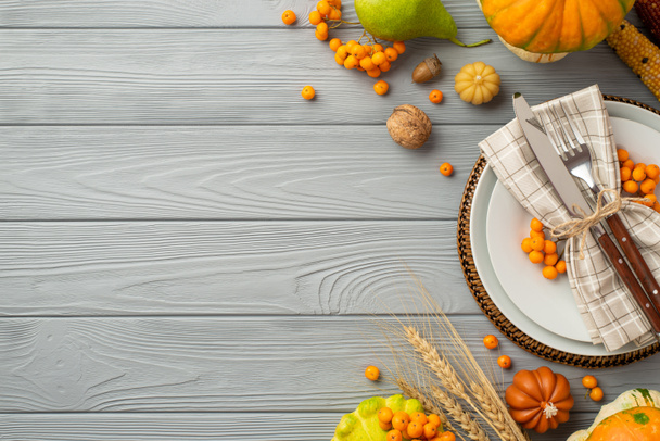 Thanksgiving day concept. Top view photo of table setting plate knife fork napkin vegetables pumpkins pear wheat walnut rowan berries acorn on isolated grey wooden desk background with copyspace - Fotó, kép