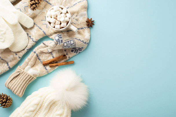 Winter concept. Top view photo of bobble hat mittens cozy sweater cup of hot drinking with marshmallow pine cones anise and cinnamon sticks on isolated pastel blue background with empty space - Foto, imagen