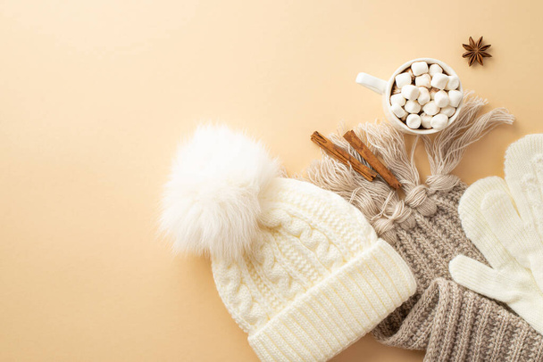 Winter mood concept. Top view photo of knitted bobble hat mittens cozy scarf cup of cocoa with marshmallow cinnamon sticks and anise on isolated beige background with empty space - Fotó, kép