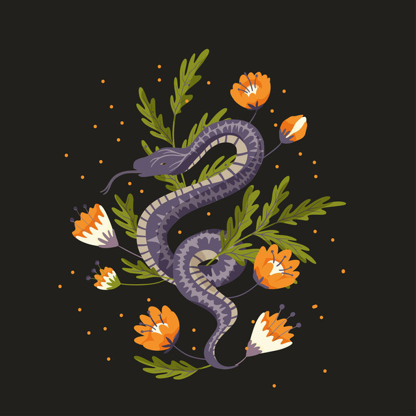 Serpiente floral fondo vector serpiente flor arte mágico. Tarjeta de animal - Vector, Imagen