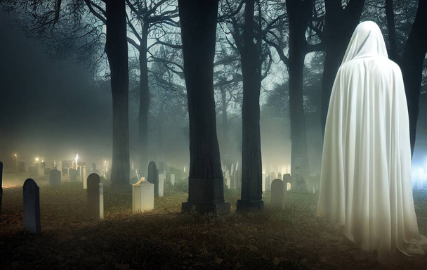 szellem séta a sötét temetőben éjszaka Halloween háttér - Fotó, kép
