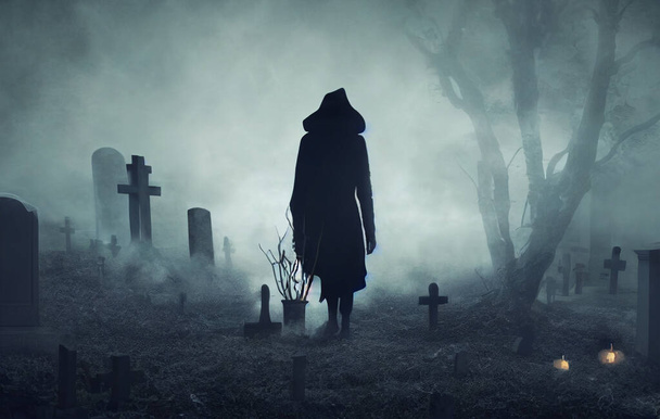 φάντασμα που περπατά στο σκοτεινό νεκροταφείο τη νύχτα Απόκριες φόντο - Φωτογραφία, εικόνα