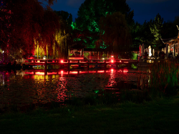 Göletin üzerindeki ağaçlar çok renkli ışıklarda. Parkta ışık gösterisi. - Fotoğraf, Görsel