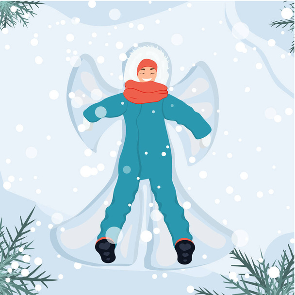 Egy nő fekszik a hóban téli ruhában. Havazik. Hegyek a háttérben. Téli tevékenységek.Vektor illusztráció lapos stílusban - Vektor, kép