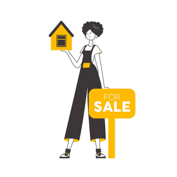 Realtor woman. Minimalistic linear style. Isolated. Vector illustration. - Vector, Image