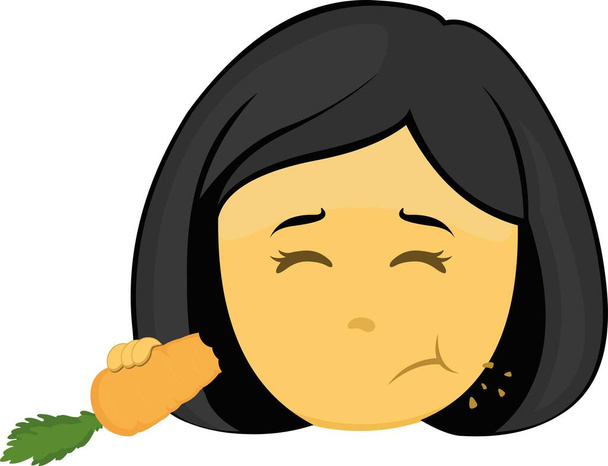 Vector emoji ilustración de una mujer amarilla de dibujos animados comiendo una zanahoria - Vector, Imagen