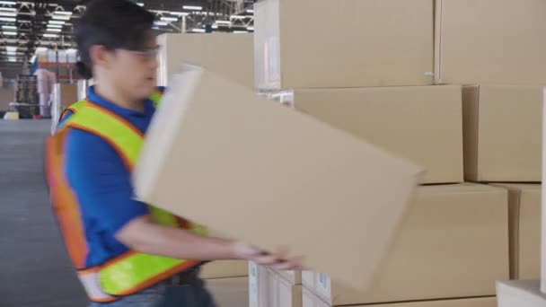 Jeune homme portant la pile de boîte pour le transport et la distribution dans l'entrepôt à l'usine, travailleur travaillant tenant la boîte dans l'entrepôt, logistique et transport, concept industriel et de fret. - Séquence, vidéo