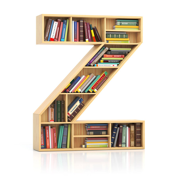 Letter Z in form of bookshelf with book and texbooks. Educational and learning conceptual font and alphabet. 3d illustration - Foto, afbeelding