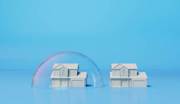 Housing bubble concept. White home in a transparent bubble. Property crisis. 3D Rendering. - Photo, Image