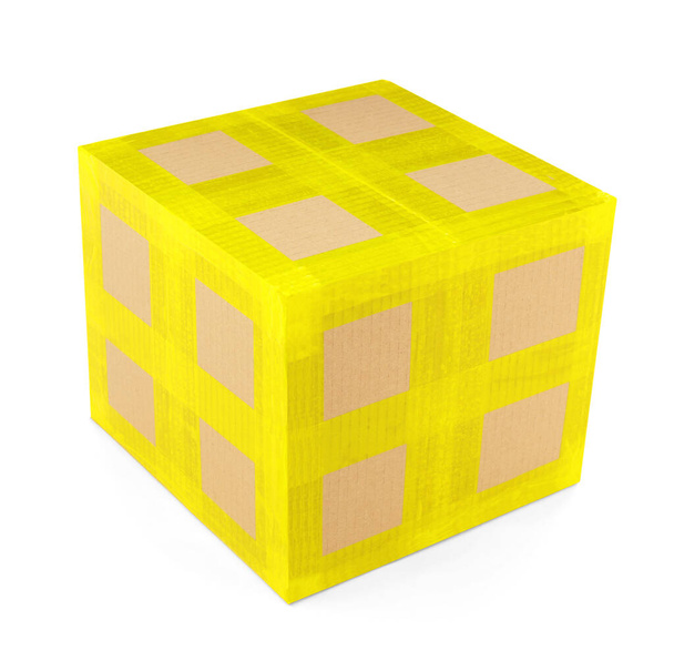 Pudełko tekturowe z żółtą taśmą klejącą na białym tle - Zdjęcie, obraz