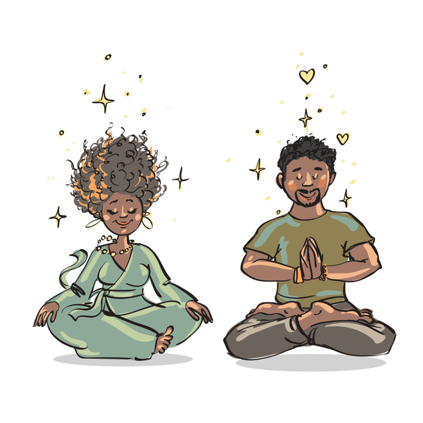 Meditare le persone. Illustrazione vettoriale del fumetto. La coppia nera sta praticando la meditazione. Anime gemelle. - Foto, immagini